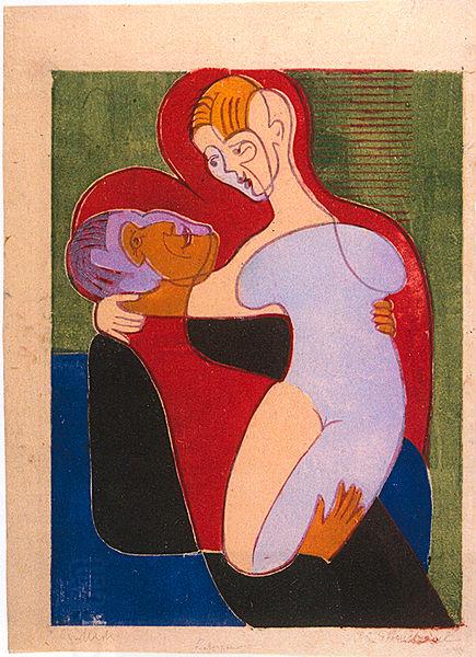 Ernst Ludwig Kirchner Lovers (The Hembusses)- colour-woodcut